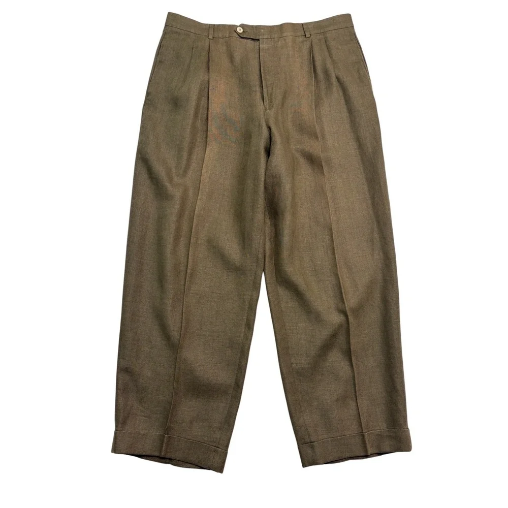 vtg 90s Brown Linen Pants 38x30 High Waisted Pleated Cuffed Relaxed Trousers
